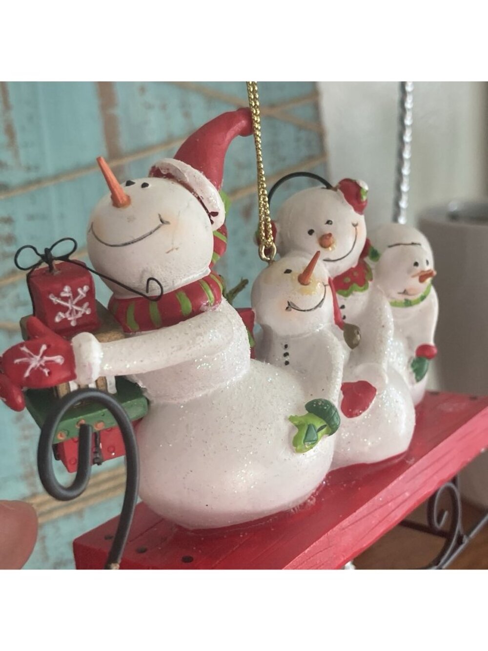 Family of 4 Whimsical Snowmen Sledding Holiday Christmas Ornament
